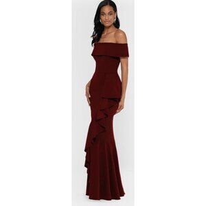 Betsy & Adam $279 Off-Shoulder Ruffle Burgundy Formal Gown Maxi Dress Sz 10P